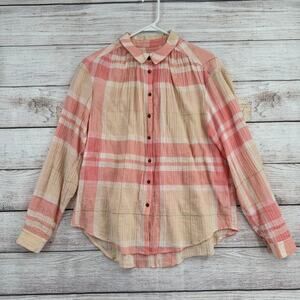 Holding Horses Anthropologie Button Down Blouse Womens 8 Pink Plaid Gold